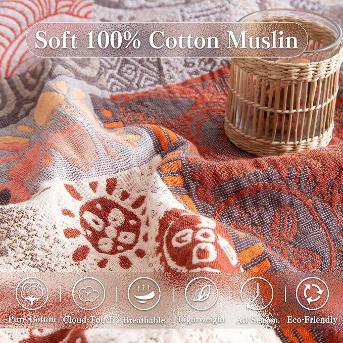 Phuryllic Boho Throw Blanket Twin Size, Soft Cozy Cotton Muslin Quilt Blanket for Bed Decor, Patchwork Block Couch Sofa Chair Cover, Vintage Farmhouse Cottage Tapestry Woven Blanket, Red&Orange