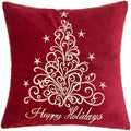 Embroidery Red Velvet Throw Pillow Cover, Merry Christmas Series Floral Tree Luxury Soft Fuzzy Cozy Warm Slik Decorative Gift Square Couch Cushion Pillow Case 20 x 20 Inch, Cover Only