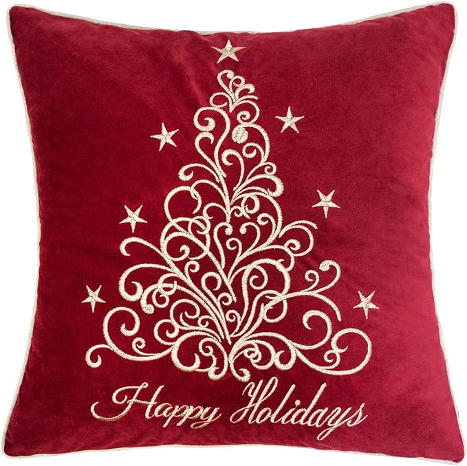 Embroidery Red Velvet Throw Pillow Cover, Merry Christmas Series Floral Tree Luxury Soft Fuzzy Cozy Warm Slik Decorative Gift Square Couch Cushion Pillow Case 20 x 20 Inch, Cover Only