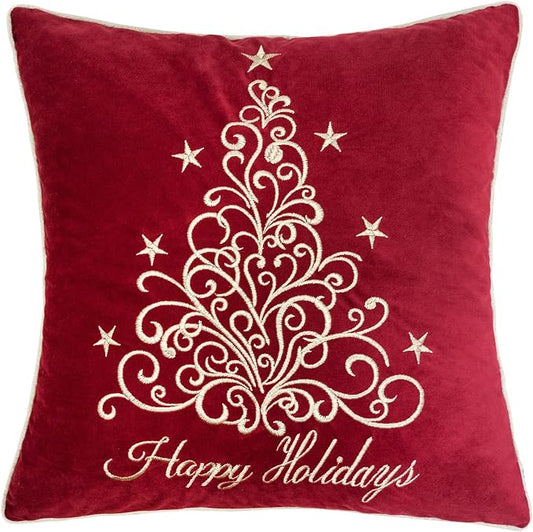 Embroidery Red Velvet Throw Pillow Cover, Merry Christmas Series Floral Tree Luxury Soft Fuzzy Cozy Warm Slik Decorative Gift Square Couch Cushion Pillow Case 20 x 20 Inch, Cover Only