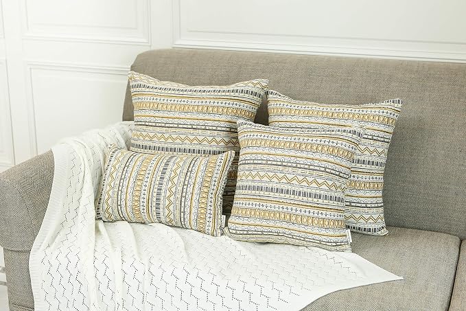Mika Home Pack of 2 Throw Pillow Covers, Striped, 20x20 Inches, Gold Grey | Decorative Pillow Cases for Sofa Couch Bed, Bohemian Striped Geometric Pattern
