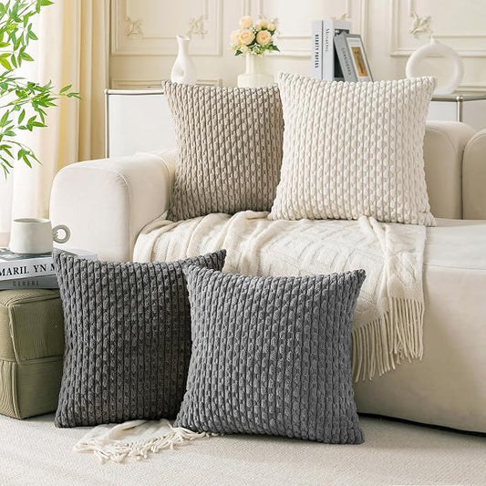 Set of 4 Grey White Taupe Decorative Throw Pillow Covers 26x26 Inch Corduroy Pillow Covers for Bed Couch Sofa Living Room Soft Square Cushion Cases