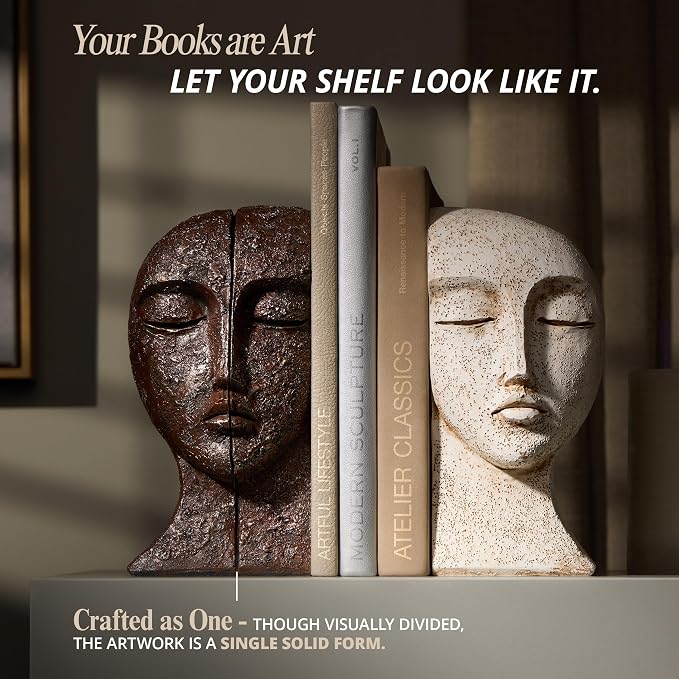 Heavy Duty Bookends for Heavy Books, Book Ends for Shelves, Unique Decorative Book Ends, Aesthetic Bookshelf Decor, Modern Home Decor Sculptural Book Holder/Book Stoppers, The Tranquil Faces