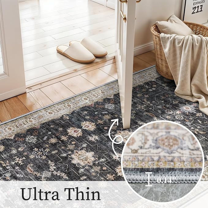Washable 4x12ft Wide Hallway Runners - Non-Slip Vintage Kitchen Rugs with Rubber Backing Farmhouse Distressed Carpet for Dining Room Soft Thin Floor Mat for Living Room Bedroom (Black/Multi,4x12)