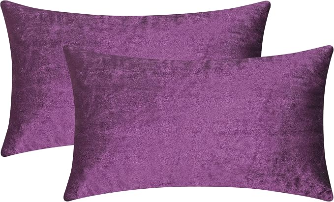 Home Brilliant Velvet Lumbar Solid Pillowcases Decorative Purple Pillow Covers for Couch Sofa, Set of 2, 12x20 Inch(30x50cm), Eggplant