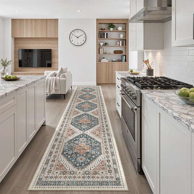 Madane Hallway Runner Rug 2'6''x14' Kitchen Runners Vintage, Navy Blue | Long Non-Slip Washable Rugs 14ft for Laundry Room, Entryway and Bedroom, Soft Low Pile Stain-Resistant 2.5x14 Ft Floor Carpet