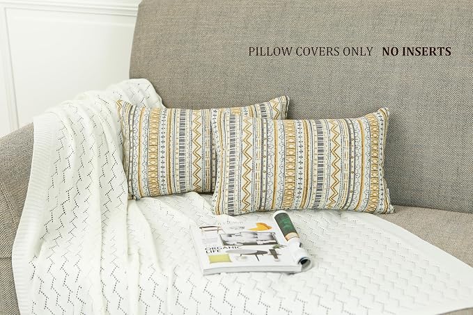 Mika Home Pack of 2 Pillow Cases,Striped,12x20 Inches, Gold Grey | Rectangle, Decorative, Bohemian Striped Geometric Pattern