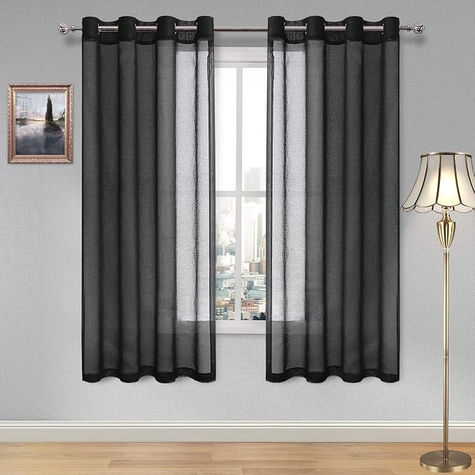 DWCN Sheer Curtains Faux Linen Sheer Voile Window Curtain for Living Room and Funeral/Gothic Wedding Grommet Black Drapes 52 x 63 Inch Long, 1 Pair, Set of 2 Panels