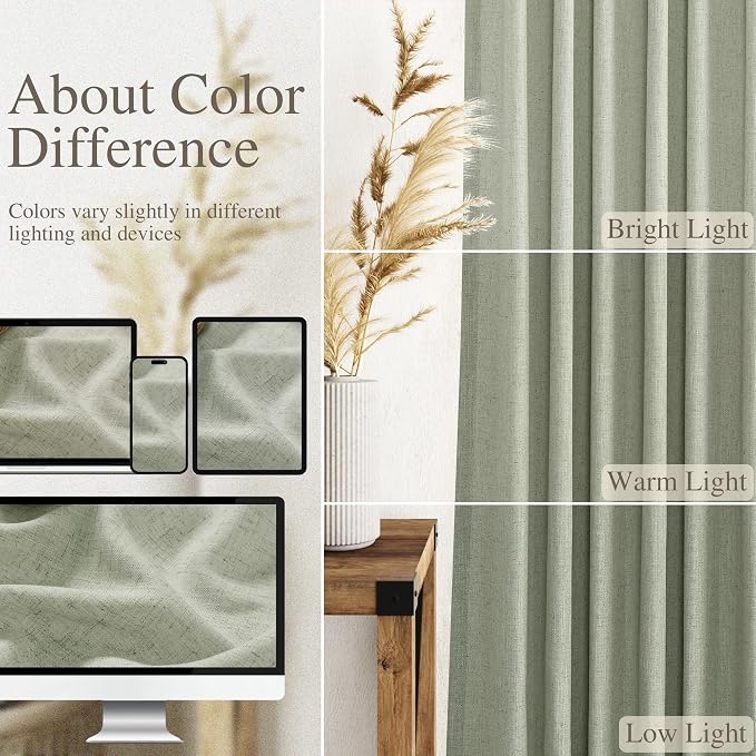Sage Green Linen Textured 96 Inch Curtains 2 Panel Set Back Tab Rod Pocket Sheer Pleated Boho Room Decor Aesthetic Curtains Pale Green Burlap Look Curtain Drapes for Living Room Bedroom 8Ft 40x96