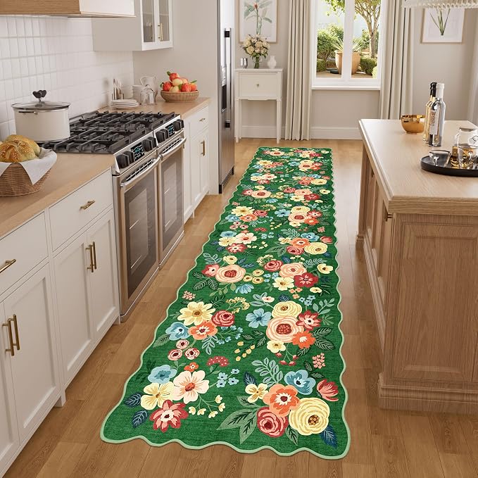 DUKINO 2x8 Washable Runner Rug, Floral Non Slip Kitchen Rugs, Dark Green | Low Pile, Soft Throw Rug Runner for Hallway, Entryway, Bedroom, Bathroom, Pet Friendly, Stain Resistant, Home Decor