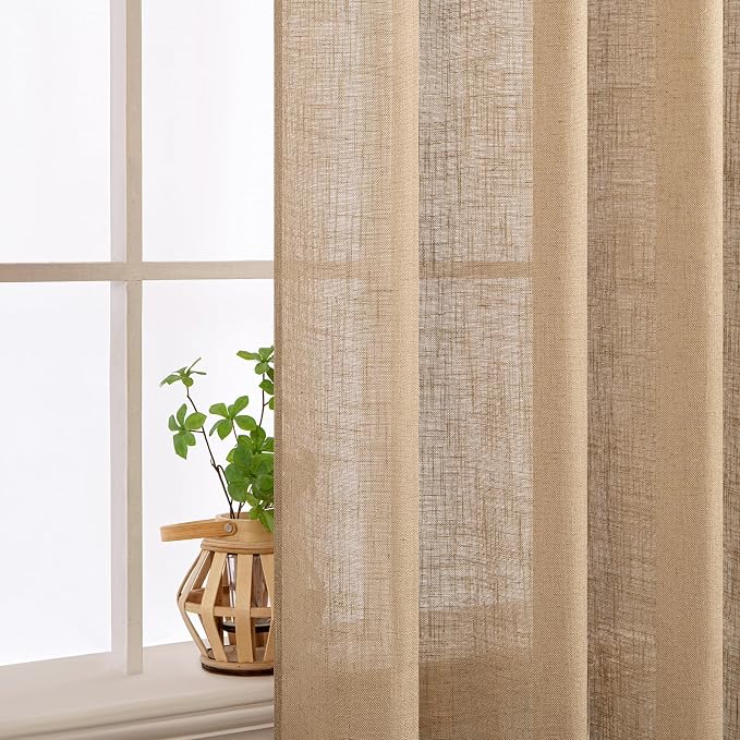 MIULEE Brown Linen Curtains 52x108 Inch Long for Bedroom Living Room | Soft Thick Linen Textured Window Drapes, Semi Sheer Light Filtering, Back Tab Rod Pocket, Burlap Look Country Decor, 2 Panels