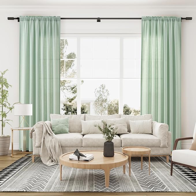 Aqua Green Linen Curtains 96 Inches Long 2 Panel Set Rod Pocket Semi Sheer Dining Room Cozy Bedroom Decor Cotton Look Country Rustic Farmhouse Boho Curtains 52x96