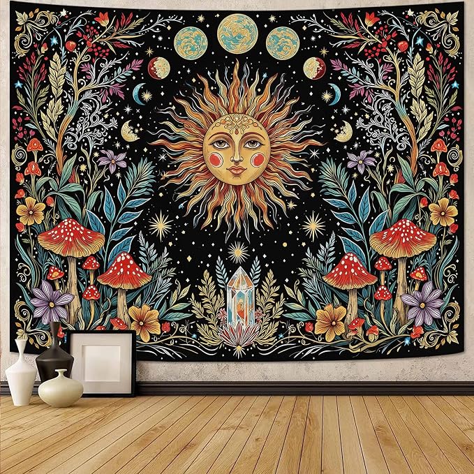 Accnicc Boho Sun and Moon Tapestry Hippie Mushroom Floral Wall Tapestry for Bedroom Aesthetic Vintage Plant Celestial Spiritual Large Tapestries Wall Hanging for Dorm Living Room Decor 80 x 60 Inch