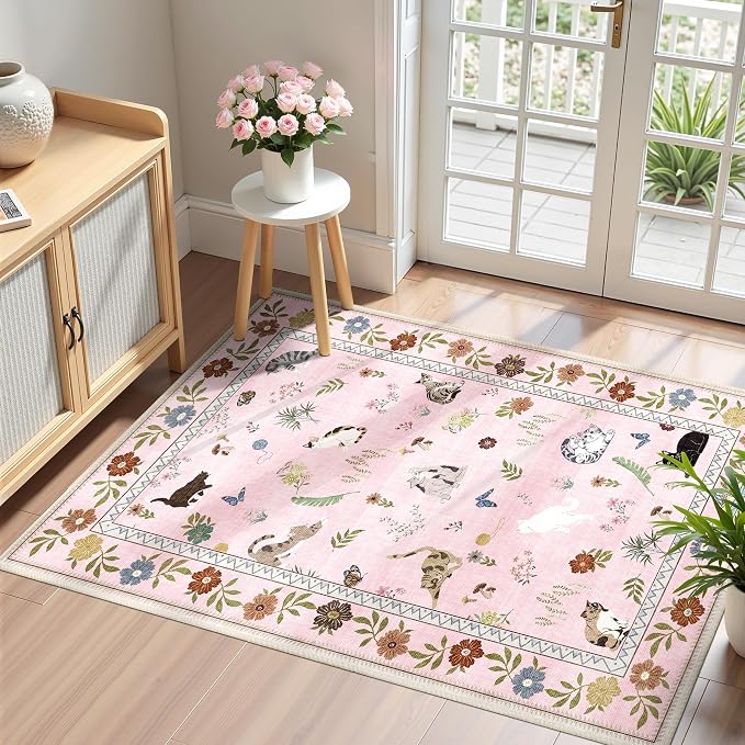 AIMPEAK Pink 2x3 Washable Door Mat - Non Slip Low Pile Cat Floral Boho Small Area Rug for Entryway, Kitchen, Front Door, Indoor Entrance, Kids Room Throw Rug Carpet, Pink Multi