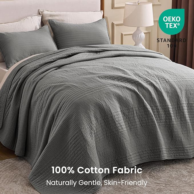 Love's cabin Queen Size Cotton Quilt Set, 100% Cotton Fabric Striped Textured Coverlet with Crinkled Look, Lightweight Quilted Bedspread for All Season, Includes 2 Pillow Shams, Grey | Lightweight