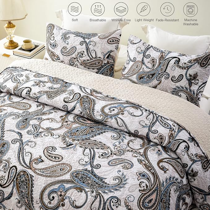 Whale Flotilla Patchwork Quilts Queen Size, Soft Boho Paisley Bedspreads | Reversible Lightweight Full Queen Quilt Bedding Set for Bed, Bone Grey Printed Coverlets with 2 Pillow Shams for All Seasons
