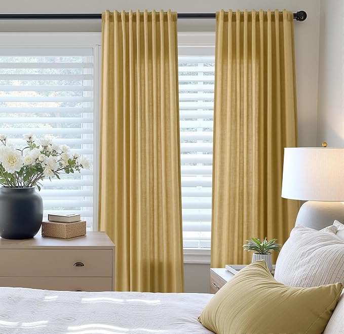 Linen Curtains 96 Inches Long for Living Room Back Tab Semi Sheer Floor to Ceiling 8ft Light Filtering Curtain Boho Farmhouse Decor Window Drapes for Bedroom 52x96 2 Panels Gold