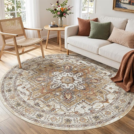 Madane Washable 5ft Circle Round Rug, 5x5 Circular Area Rugs, Turmeric/Grey | Non-Slip Vintage Floor Carpet for Living Room Dining Room, Low Pile Home Decor Mat For Bedroom Office Under Table
