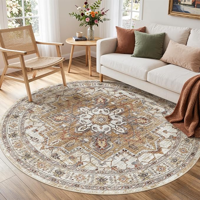 Madane Washable 6ft Circle Round Rug, 6x6 Circular Area Rugs, Turmeric/Grey | Non-Slip Vintage Floor Carpet for Living Room Dining Room, Low Pile Home Decor Mat For Bedroom Office Under Table