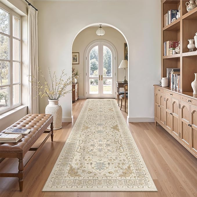 Madane Hallway Runner Rug 2'6''x10' Kitchen Runners Vintage, Beige/Blue | Non-Slip Washable Wide Rugs 2.5x10 Ft for Entryway Laundry and Bedroom, Soft Low Pile Stain-Resistant 10ft Floor Carpet