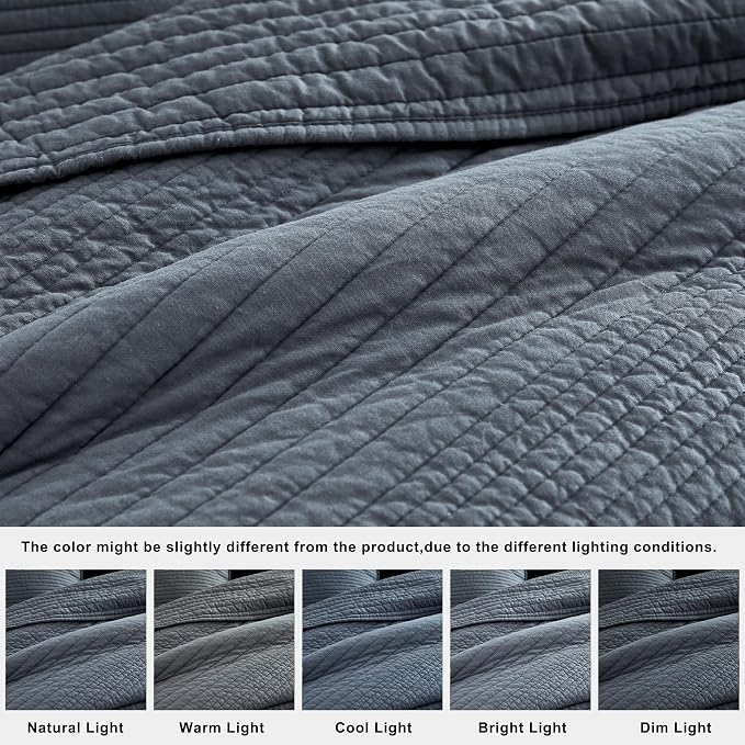 palassio Striped Blue Grey 100% Cotton Quilt Twin Size Bedding Sets, Lightweight Crinkly Channel Pick Stitch Textured Bedspread Soft Shabby Chic Farmhouse Country Coverlet for All Season, 1 Sham