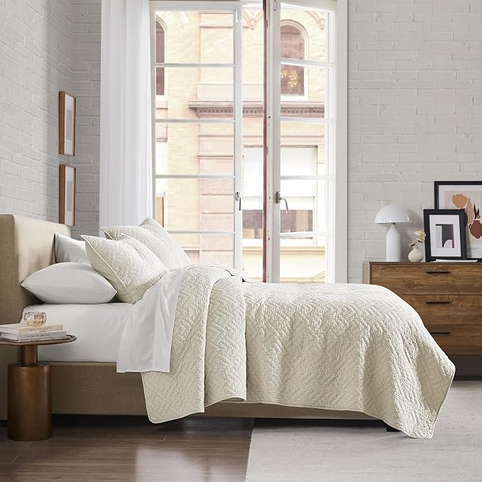 palassio Beige 100% Cotton Quilt Twin Size Bedding Sets with 1 Pillow Sham, Lightweight Textured Farmhouse Country Bedspread Soft Shabby Chic Patterned Coverlet for All Season, 2 Pieces
