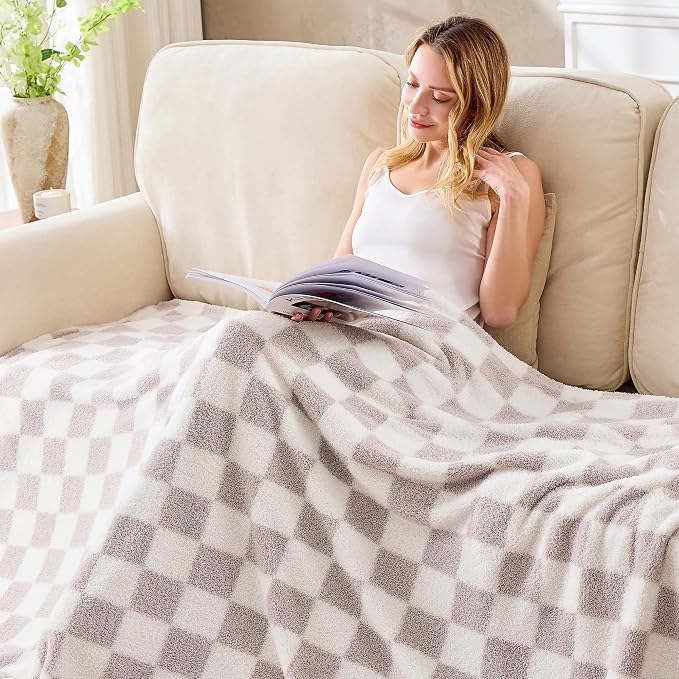 Purple Gray Checkered Twin Size Blanket, Soft Plush Microfiber Fleece Blanket for Couch Sofa Bed, Cozy Decorative Home Blanket, All Season, 60x80 Inches