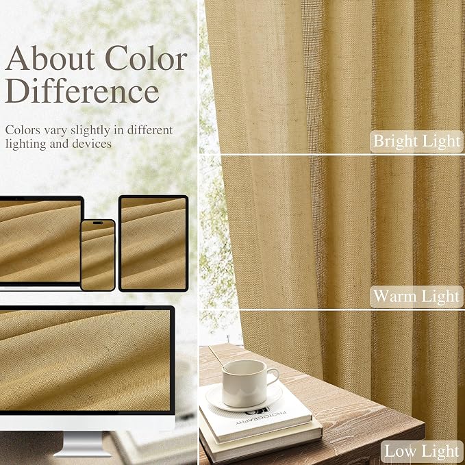 Linen Curtains 96 Inches Long for Living Room Back Tab Semi Sheer Floor to Ceiling 8ft Light Filtering Curtain Boho Farmhouse Decor Window Drapes for Bedroom 52x96 2 Panels Gold