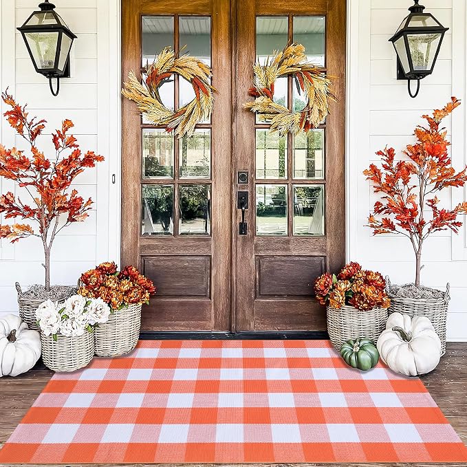 Orange and White Plaid Rug, 3' x 5' Fall Front Door Decor Mat, Cotton Washable Hand-Woven Door Mat for Layered Doormat, Autumn Halloween Thanksgiving Carpet for Porch, Entryway