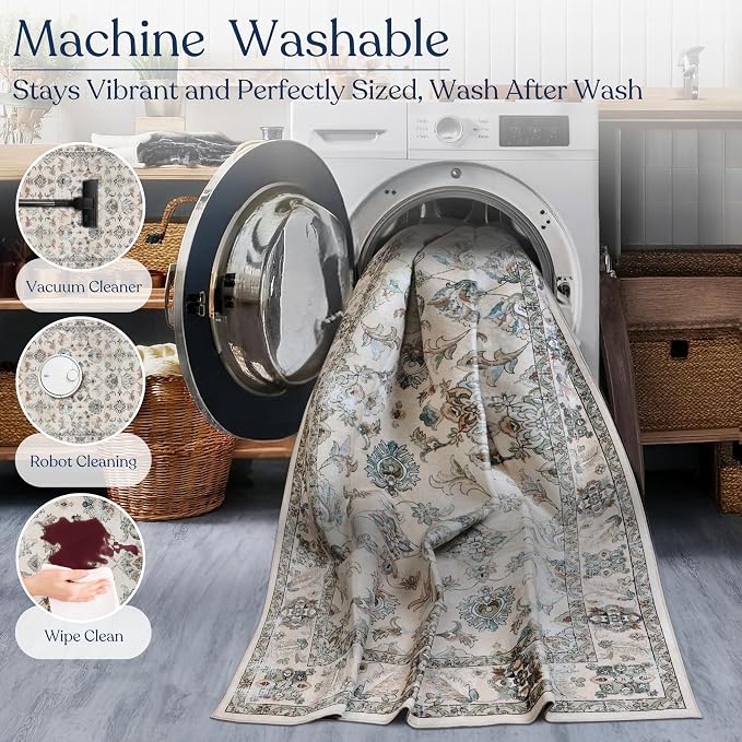 Machine Washable Area Rug, Soft & Durable, Non-Slip, Stain Resistant Rug for Bedroom, Living Room, Dining Room, High Traffic Areas, Eco- Friendly GRS Certified. (Ivory, 5' X 7')
