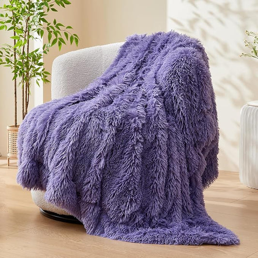 GONAAP Fuzzy Faux Fur Twin Blanket for Couch, Lavender, 60"x80" | Warm Cozy Plush Shaggy Decorative Reversible Thick Non-Heated Fleece Blanket for Sofa Bed, Gift for Women Men, All Season Use