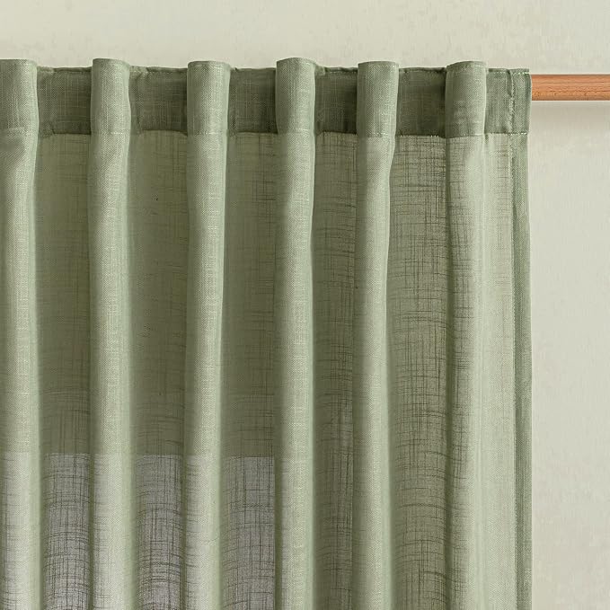 MYSKY HOME Sage Green Sheer Curtains 63 inch Length Semi Sheer Curtains for Bedroom Light Filtering Short Window Treatment Privacy Protect Boho Farmhouse Soft Drapes Set, Back Tab, 50" Wide, 2 Pieces