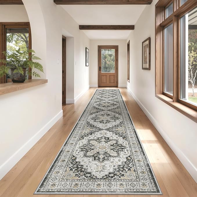 Madane Hallway Runner Rug 2'6''x16' Kitchen Runners Vintage, Black | Long Non-Slip Washable Rugs 16ft for Entryway Laundry and Bedroom, Stain-Resistant Low-Pile 2.5x16 Ft Floor Carpet