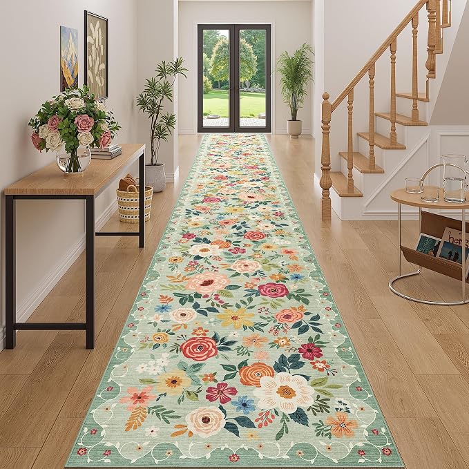 DUKINO 3x20 Runner Rug for Hallway, Floral Washable Long Runner Rug, Green | Non Slip, Low Pile, Indoor Rug Runner for Kitchen, Entryway, Bedroom, Bathroom, Laundry, Pet Friendly, Home Decor, Ultra-Thin