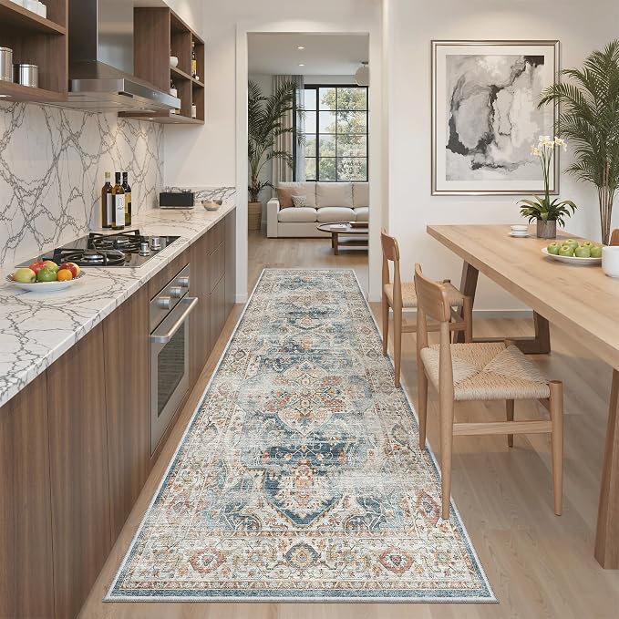 Madane Kitchen Runner 2'6''x8' Soft Rug Runners for Hallways, Navy | Vintage Machine Washable Printed Rugs 2.5x8 Ft, Non-Slip Low Pile Stain-Resistant 8ft Floor Carpet for Laundry Room, Corridor