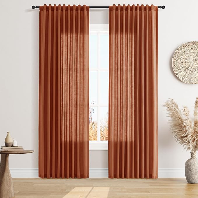 Linen Curtains 84 Inches Long for Living Room Semi Sheer Light Filtering Curtain Back Tab Rod Pocket Neutral Boho Modern Farmhouse Decor Window Drapes for Bedroom 52x84 2 Panels Terracotta