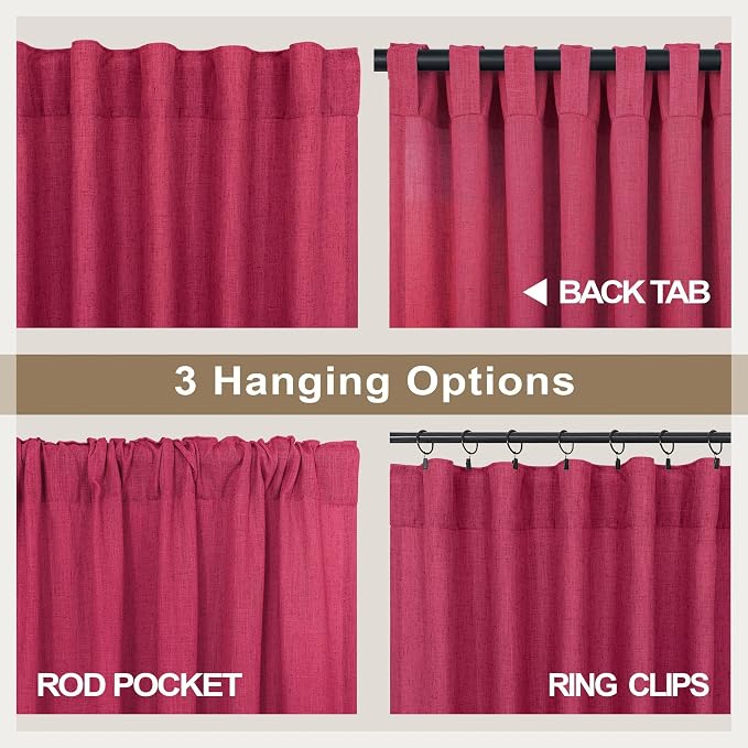 Pitalk Hot Pink Semi Sheer Curtains 96 Inch Long 2 Panel Set Rod Pocket Back Tab Linen Light Filtering Room Decor Magenta Curtain Drapes for Living Room 52x96 Celling to Floor Length Raspberry Fuchsia
