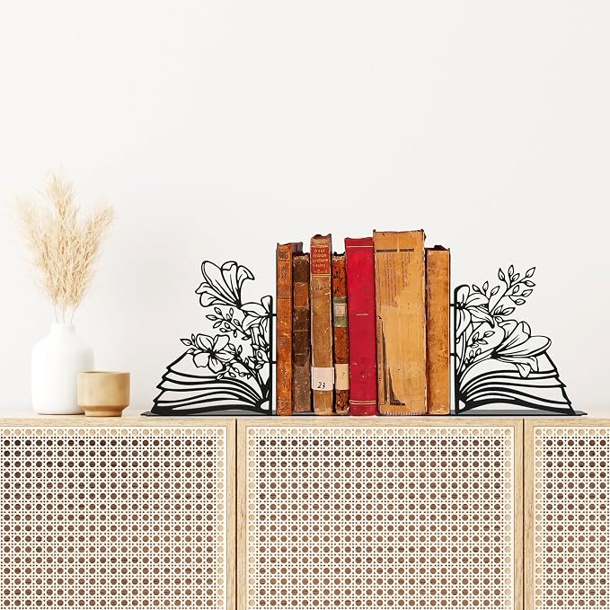 Metal Flower & Book Design Decorative Bookends – Cute Bookends for Shelves | Fun Reading Room Decor for Book Lovers, Black