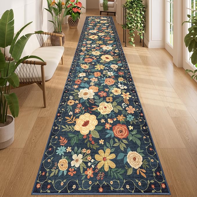 DUKINO 2.6x14 Washable Runner Rug, Floral Non Slip Runner Rug, Navy Blue | Soft, Low Pile, Ultra Thin Indoor Long Rug Runner for Hallway, Entryway, Kitchen, Bedroom, Bathroom, Pet Friendly, Home Decor