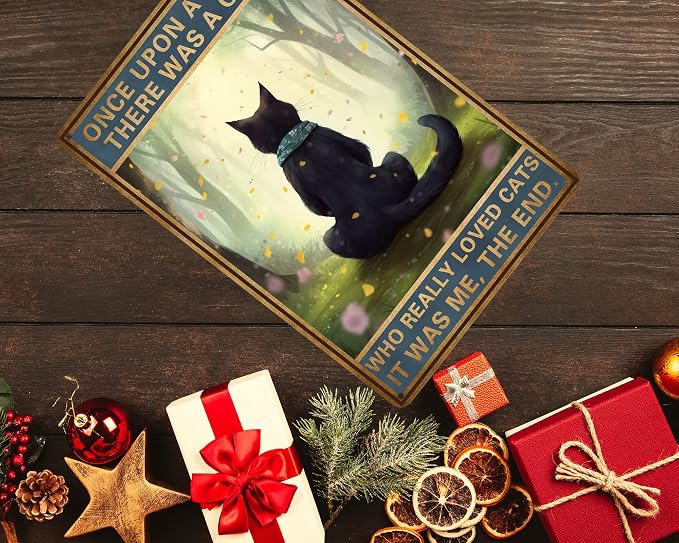 HYBLOM Black Cat Decor - Once Upon a Time Sign - Vintage Cat Decor for Home, Bedroom, Kitchen, Office, Cafe, Bar, Cat Lover Gifts, Metal Tin Sign 12x8 Inches