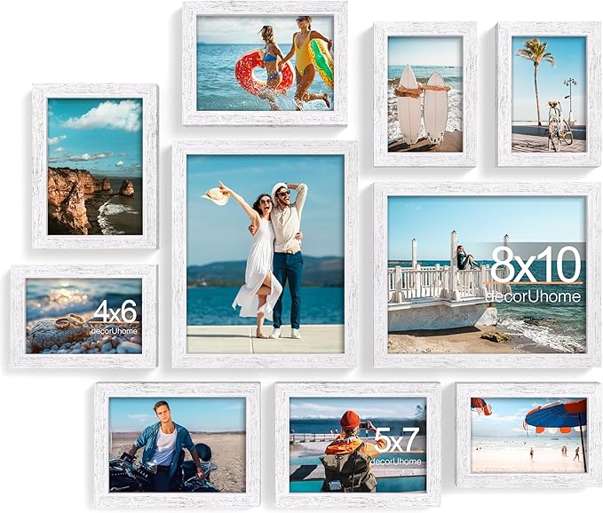 decorUhome 10 Pack Assorted Picture Frame Set for Wall & Tabletop, P0710DWT | Distressed White, Multi Size Picture Frame Includes Two 8x10 / Four 5x7 / Four 4x6 for Family Gallery Wall