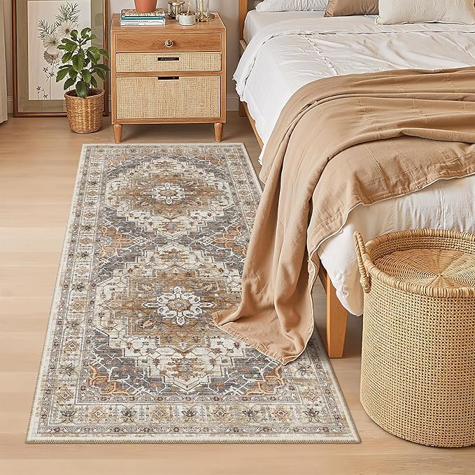 Madane Washable Runner Rug 3x6 Runners for Hallways Non Slip, Turmeric/Grey | Vintage Stain-Resistant 6 Feet Kitchen Rug, Soft Low-Pile Ultra-Thin Floor Carpet Mat for Bathroom Laundry Room Bedroom 2x6ft