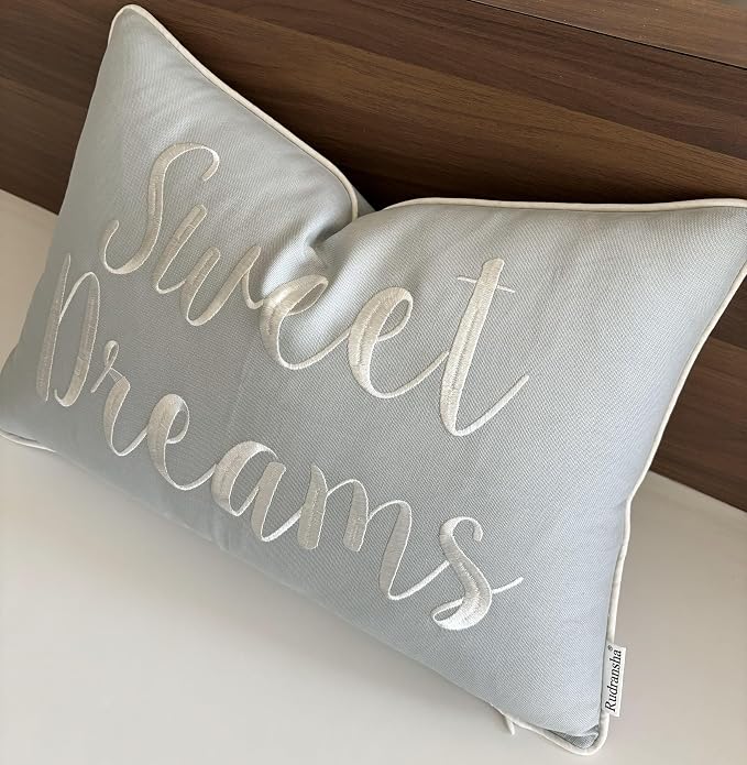 Rudransha Sweet Dreams Blue Grey Lumbar Pillow Cover 12x18 – Embroidered Script Quote Cotton Cushion Case – Good Night Sleep Bedroom Nursery Decor for Bed Crib Guest Room