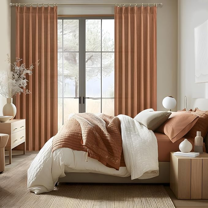Terracotta Soft Thick Linen Curtains 120 Inches Long for Living Room, Farmhouse Burnt Orange Curtains Light Filtering for Bedroom/Dining Room Western Semi Sheer Pleat Memory Shape Drapes 2 Panels Set