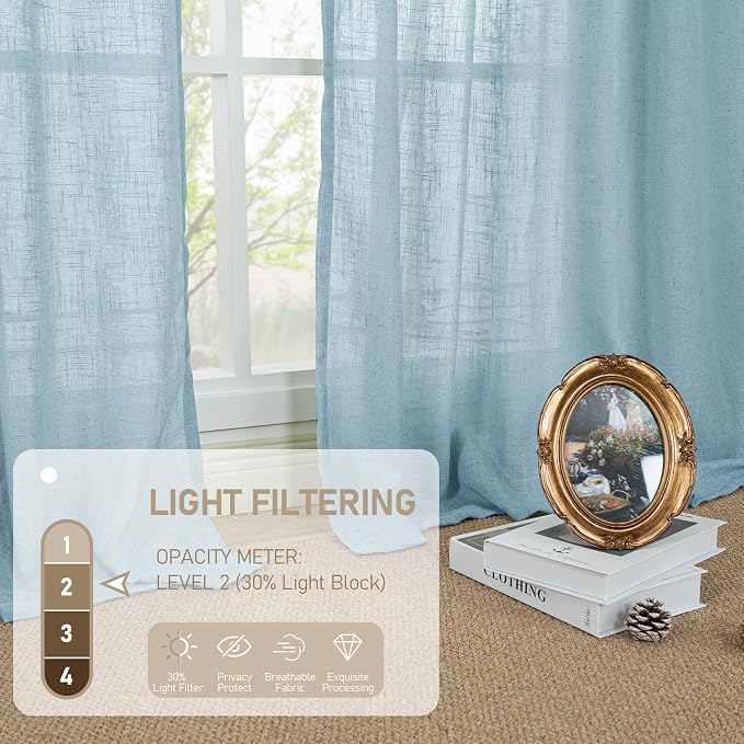 36 Inch Length Linen Semi Sheer Curtains for Small Windows 2 Panels | Semi Sheer, Light Filtering, Rod Pocket Back Tab, Country Decor Drapes for Basement, Kitchen, Stone Blue, 34 x 36 Inch