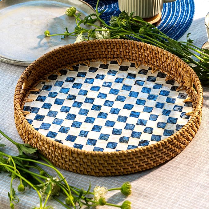 JUNGLE CULTURE Round Rattan Tray with Mother of Pearl Inlay • Drift 12”