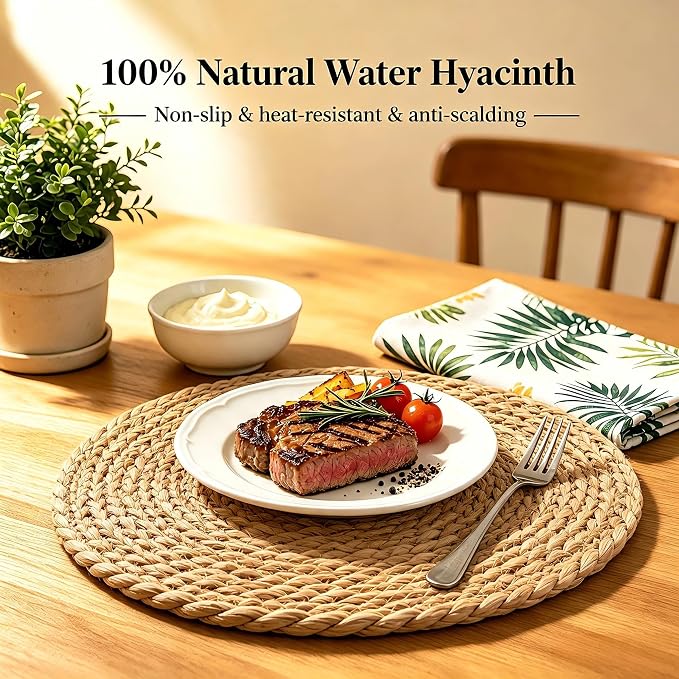 13.8 Inch Round Woven Placemats Set of 18, Rattan Chargers for Dinner Plates, Rattan Wicker Table Mats Jute Braided, Boho Farmhouse Rustic Braided Place Mats for Kitchen Dining Party Decor