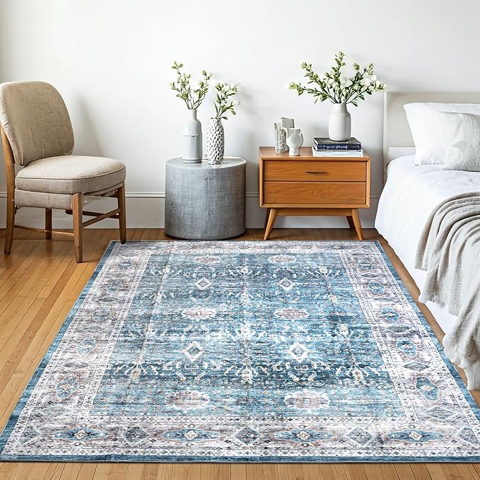 Machine Washable Area Rug, Soft & Durable, Non-Slip, Stain Resistant Rug for Bedroom, Living Room, Dining Room, High Traffic Areas. (Blue/Turquoise, 6' X 9')