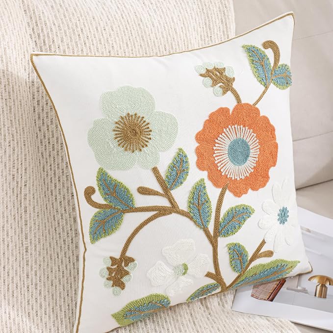Embroidered Throw Pillow Covers 18x18 Pack of 2 Green and Orange Pillow Covers Flowers with Leaves Pillow Cushion Case Summer Decorative Farmhouse Pillowcases Square Rustic Floral Pillow Case