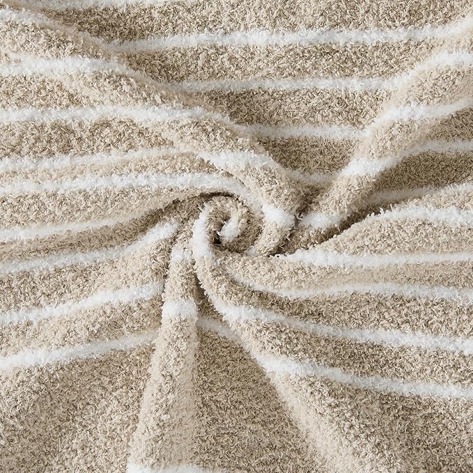 Soft Striped Throw Blanket for Couch, Cozy Warm Knitted Blankets | Lightweight Fuzzy Travel Warm Decor for Women, Mom, Girls, Sofa, Chair, 50x60in, Taupe White